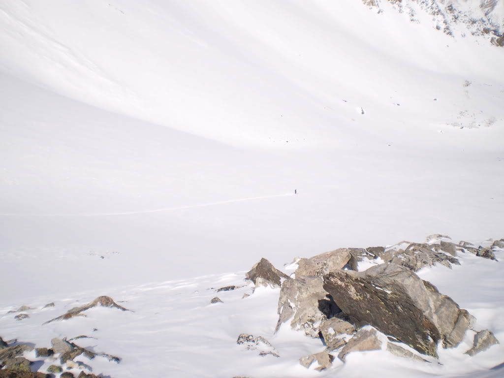 Straightlining it through the basin at the base of Dead Dog