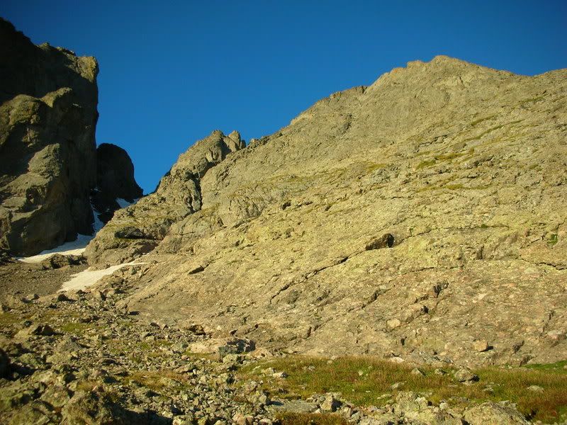 The route cuts right (east) near the grassy ledges, we continued climbing past the grass ledges for 100 feet up and to the left